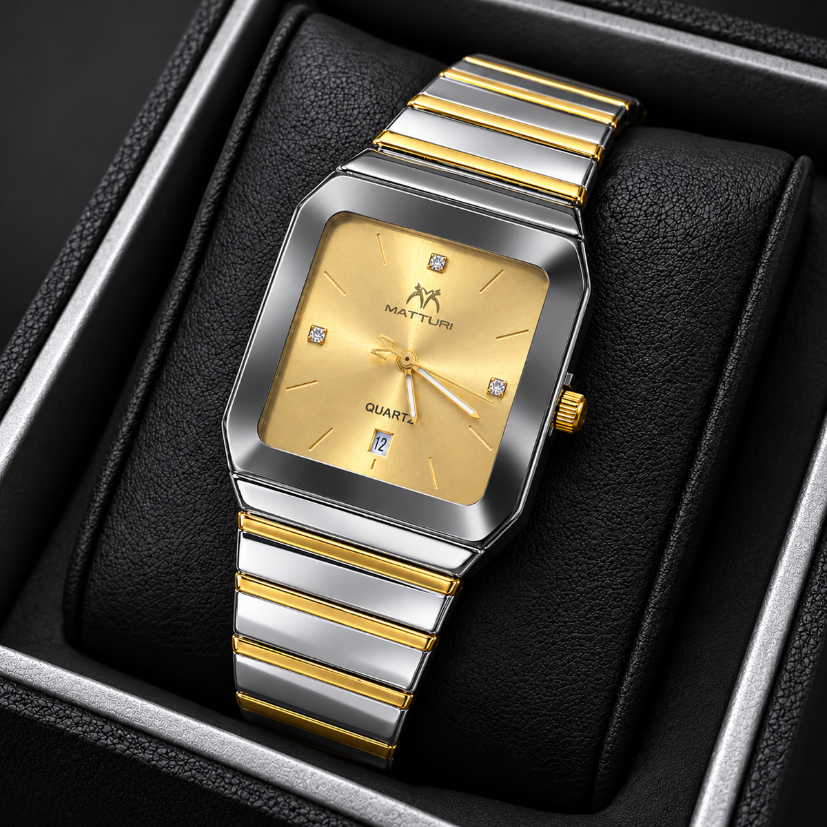 MATTURI Men's Square Gold Dial Watch – Silver & Gold Quartz Wrist Watch with Date