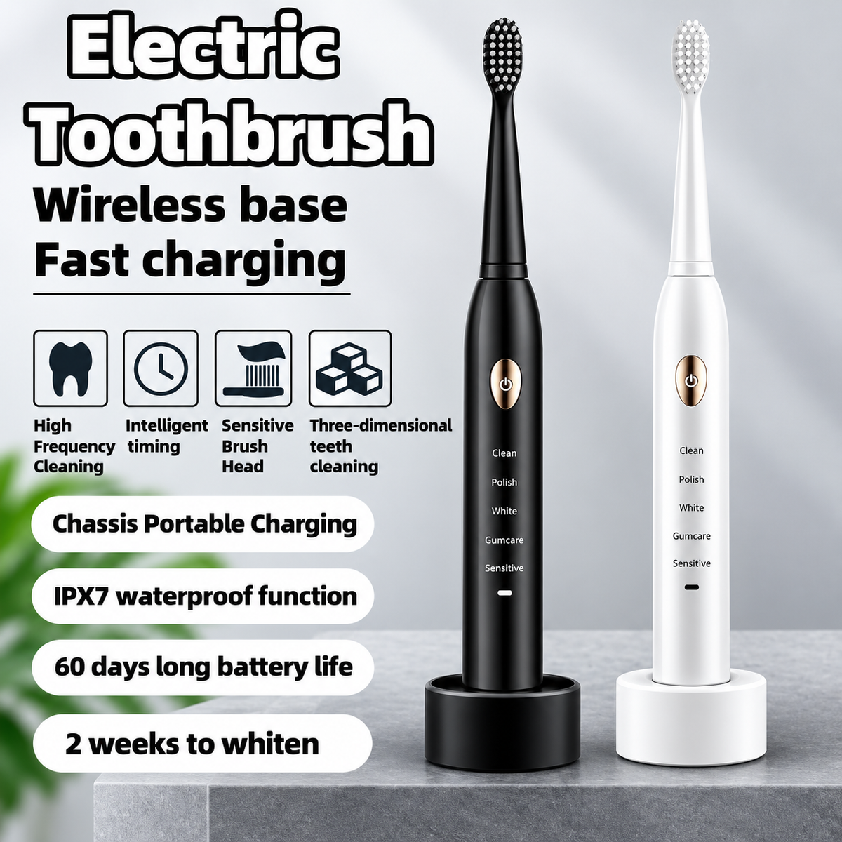 X-3 Sonic Electric Toothbrush Rechargeable  6 Modes with 4 Brush Heads