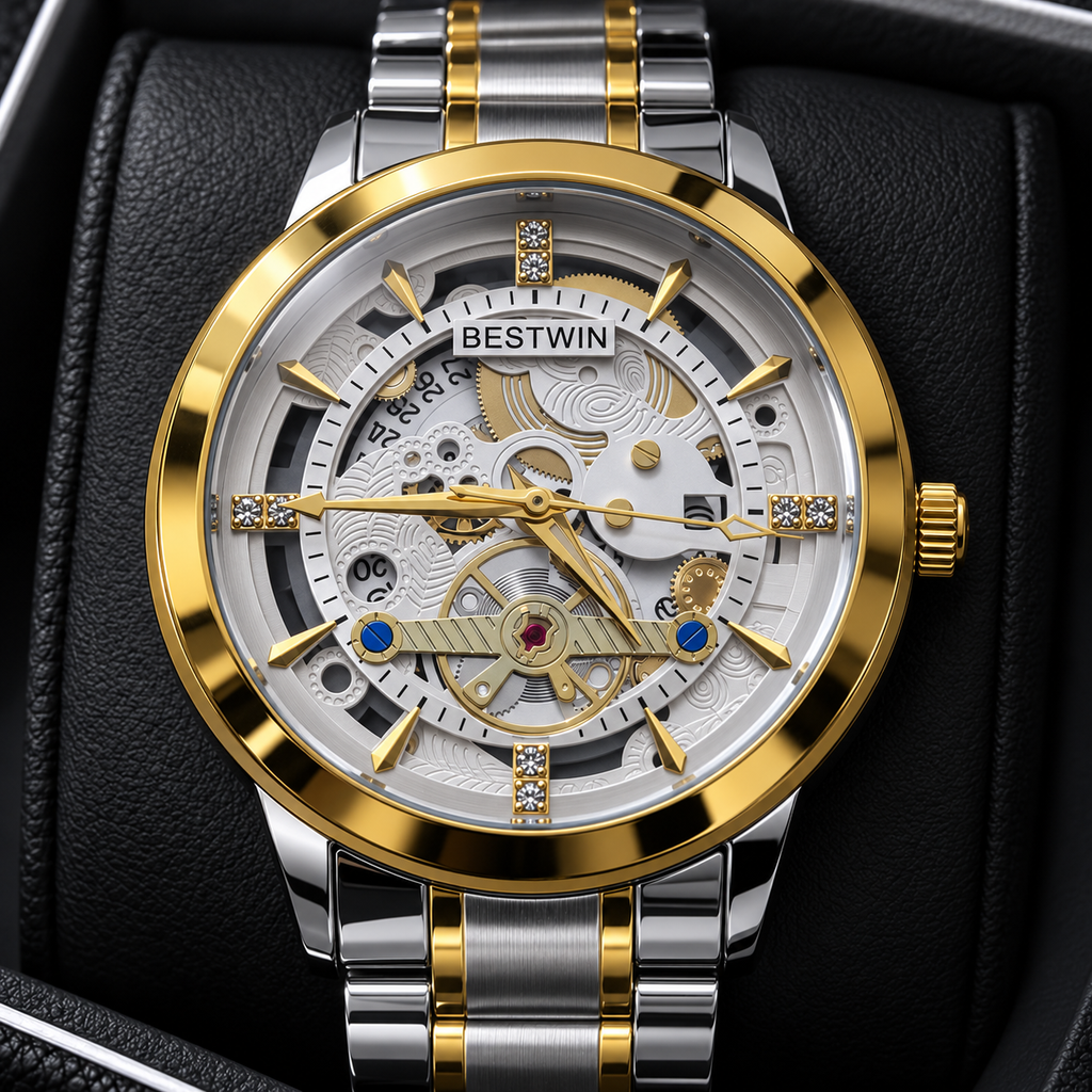 BESTWIN Men's Skeleton Watch – Two-Tone Silver & Gold Stainless Steel Luxury Wrist Watch
