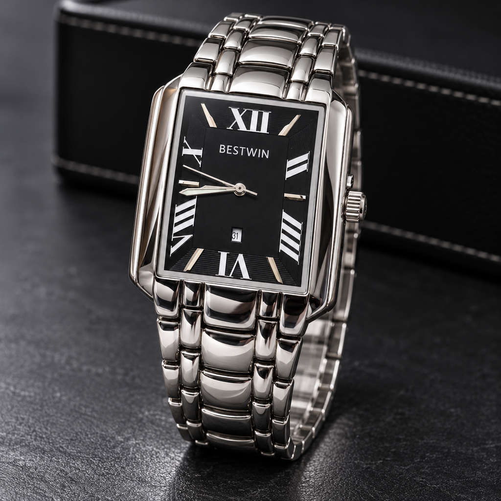 BESTWIN Men's Silver Rectangular Watch – Black Roman Dial Wrist Watch with Date