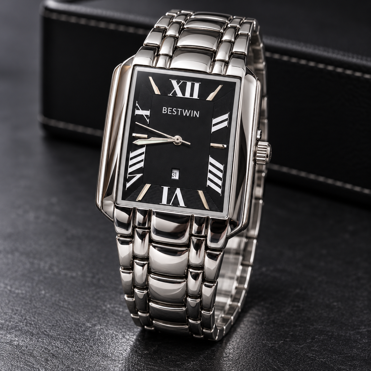 BESTWIN Men's Silver Rectangular Watch – Black Roman Dial Wrist Watch with Date