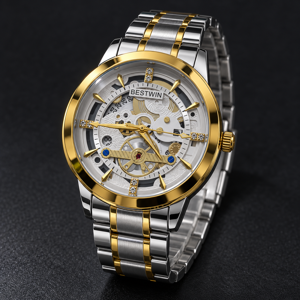 BESTWIN Men's Skeleton Watch – Two-Tone Silver & Gold Stainless Steel Luxury Wrist Watch