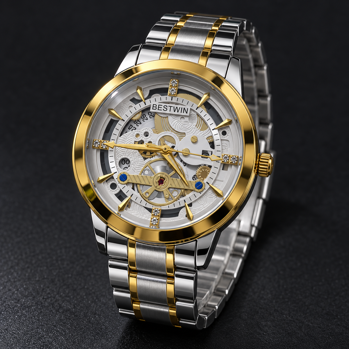 BESTWIN Men's Skeleton Watch – Two-Tone Silver & Gold Stainless Steel Luxury Wrist Watch