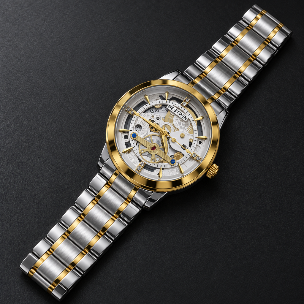 BESTWIN Men's Skeleton Watch – Two-Tone Silver & Gold Stainless Steel Luxury Wrist Watch