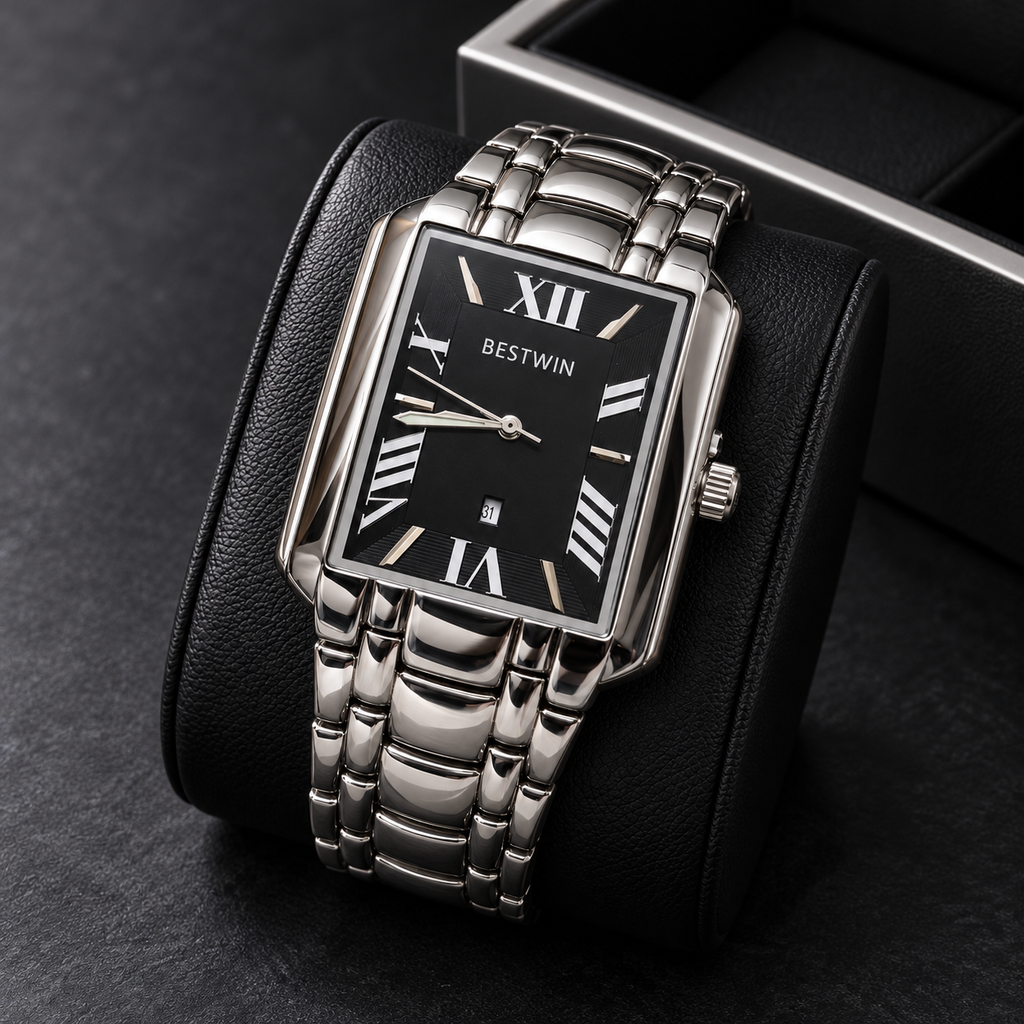BESTWIN Men's Silver Rectangular Watch – Black Roman Dial Wrist Watch with Date