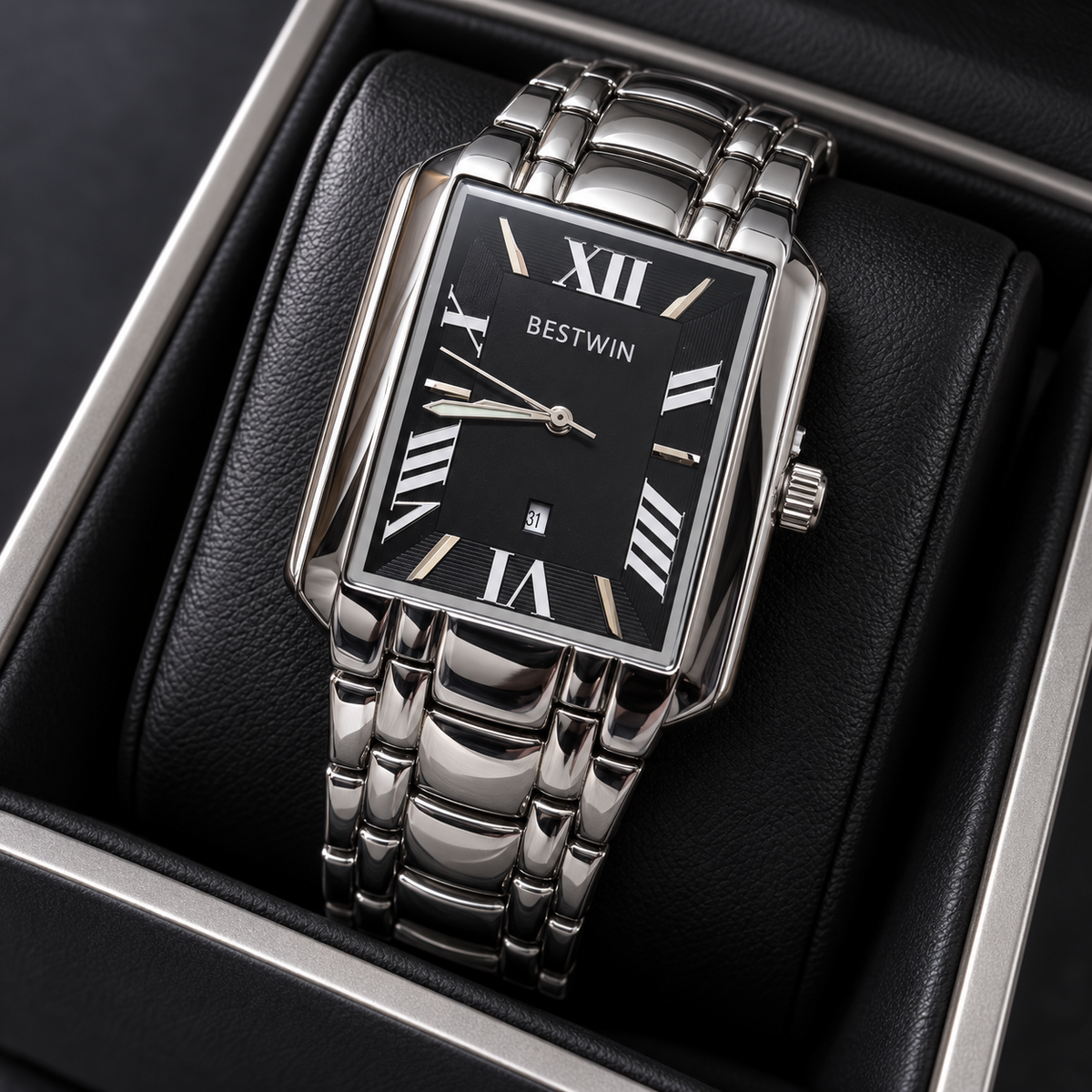 BESTWIN Men's Silver Rectangular Watch – Black Roman Dial Wrist Watch with Date