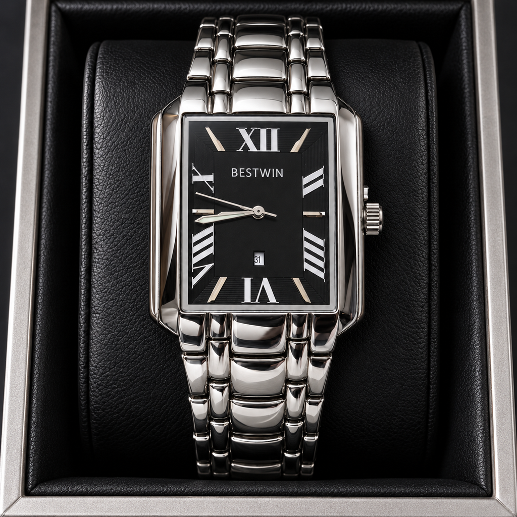 BESTWIN Men's Silver Rectangular Watch – Black Roman Dial Wrist Watch with Date