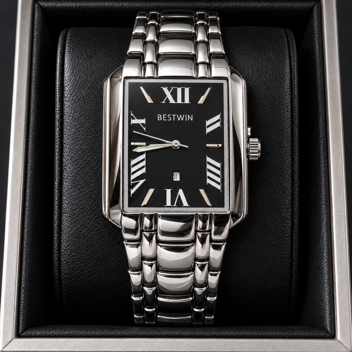 BESTWIN Men's Silver Rectangular Watch – Black Roman Dial Wrist Watch with Date