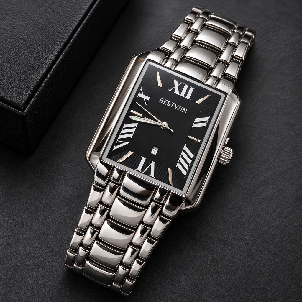 BESTWIN Men's Silver Rectangular Watch – Black Roman Dial Wrist Watch with Date