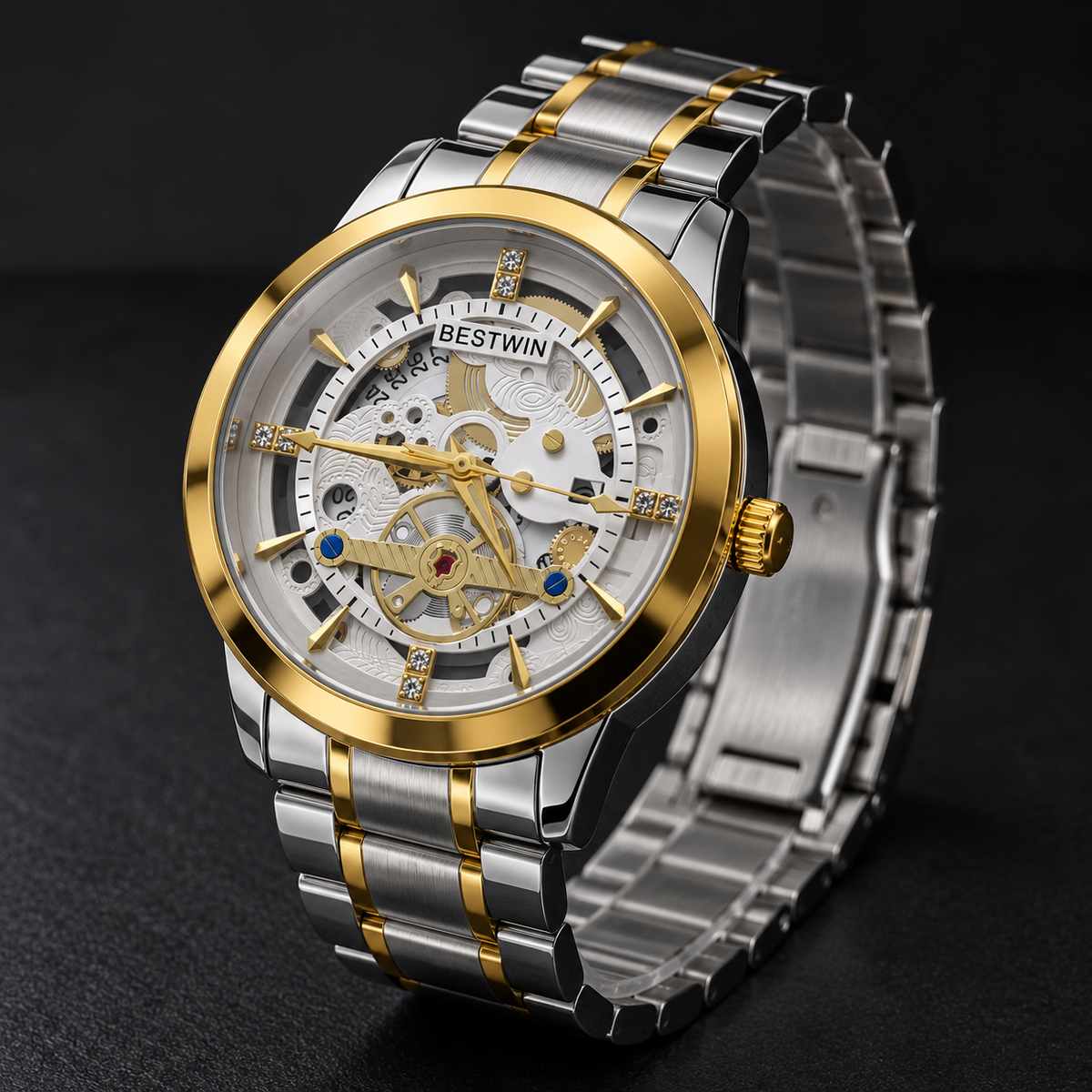 BESTWIN Men's Skeleton Watch – Two-Tone Silver & Gold Stainless Steel Luxury Wrist Watch