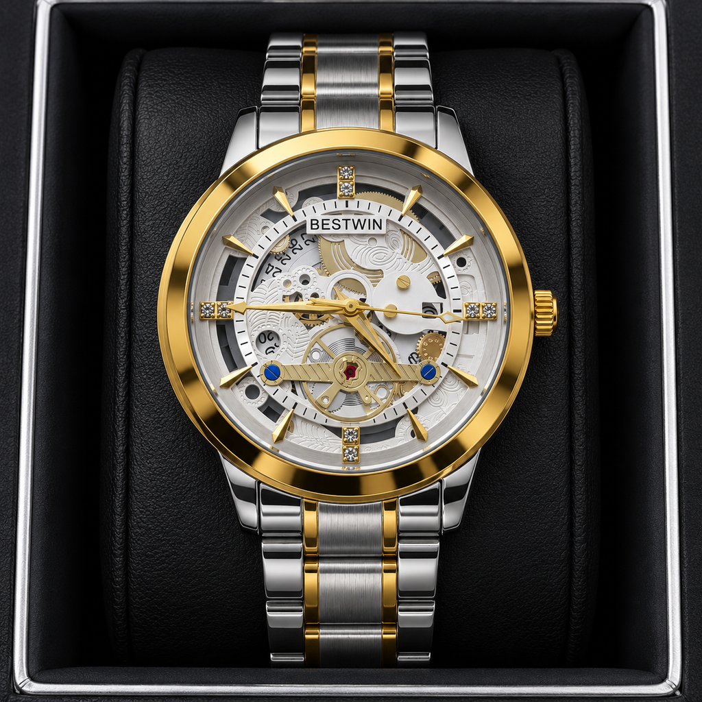 BESTWIN Men's Skeleton Watch – Two-Tone Silver & Gold Stainless Steel Luxury Wrist Watch