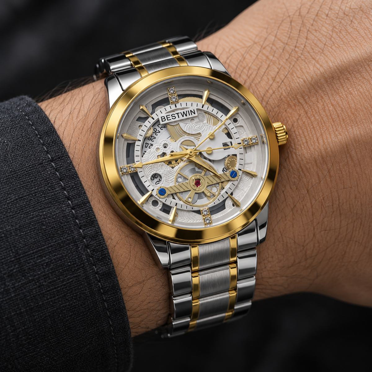 BESTWIN Men's Skeleton Watch – Two-Tone Silver & Gold Stainless Steel Luxury Wrist Watch
