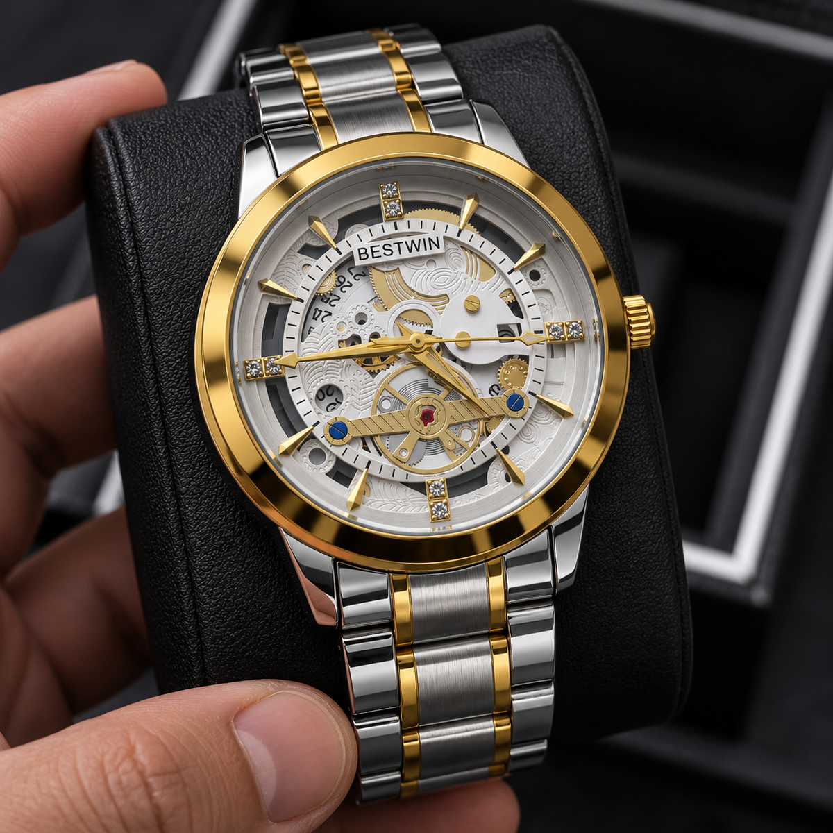 BESTWIN Men's Skeleton Watch – Two-Tone Silver & Gold Stainless Steel Luxury Wrist Watch