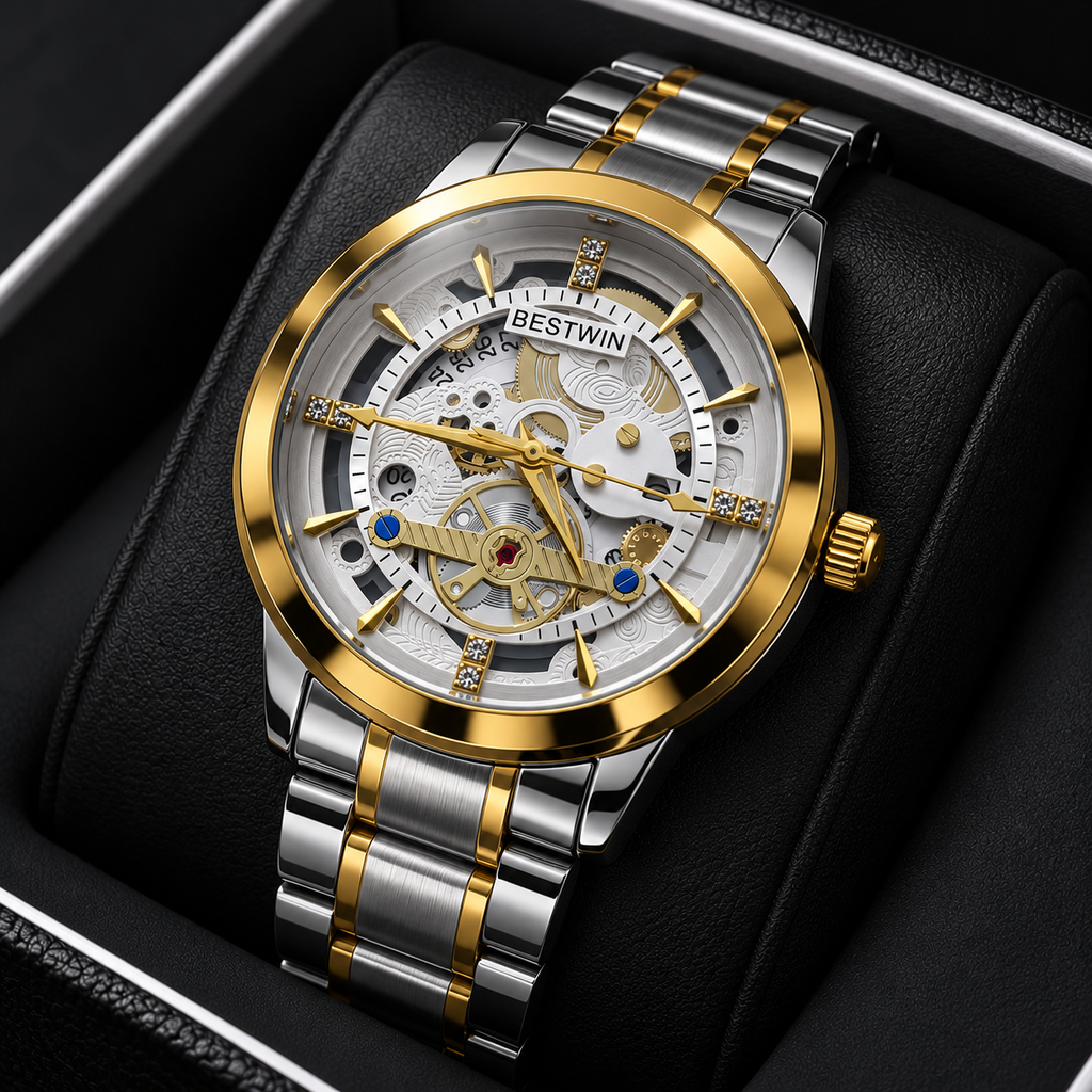 BESTWIN Men's Skeleton Watch – Two-Tone Silver & Gold Stainless Steel Luxury Wrist Watch