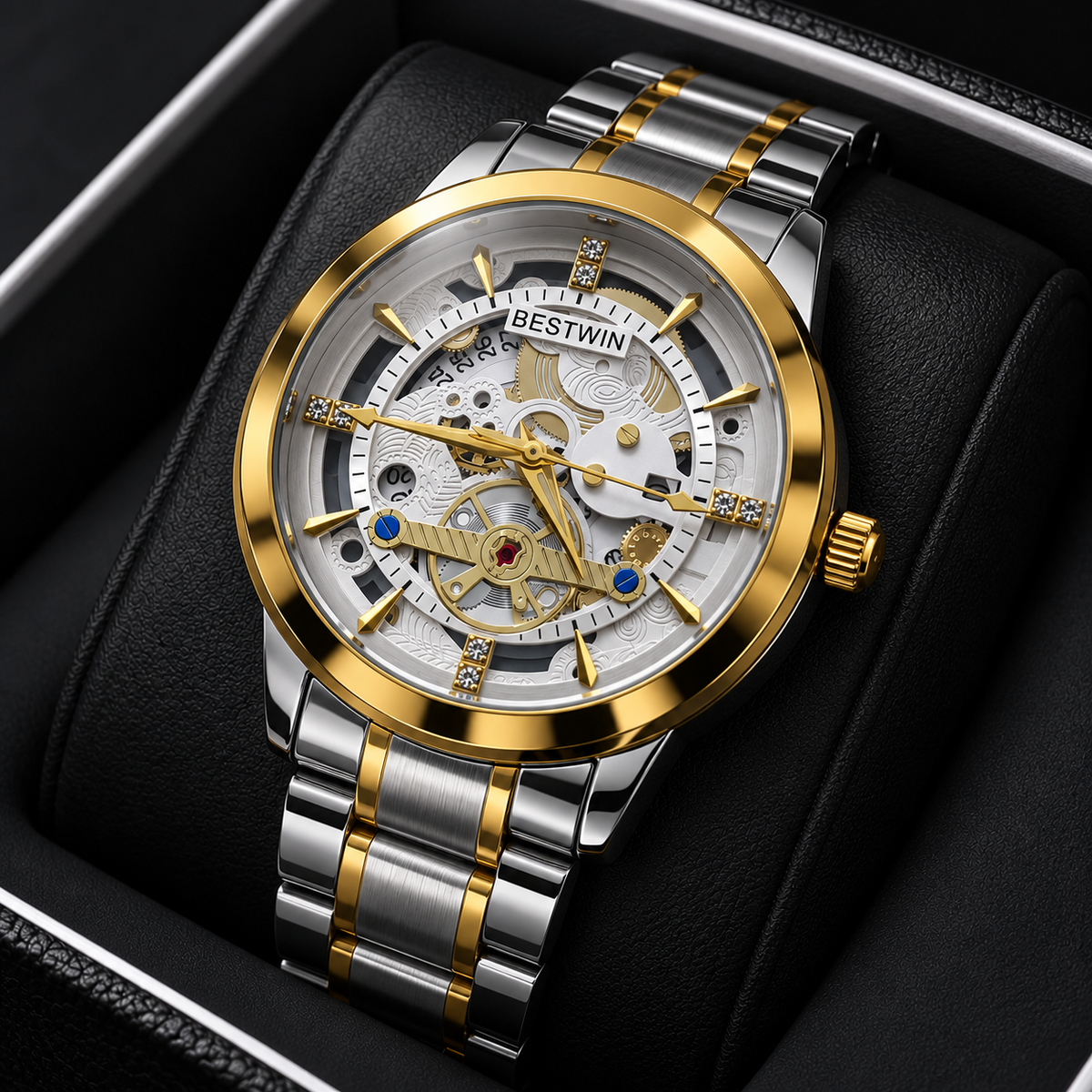 BESTWIN Men's Skeleton Watch – Two-Tone Silver & Gold Stainless Steel Luxury Wrist Watch