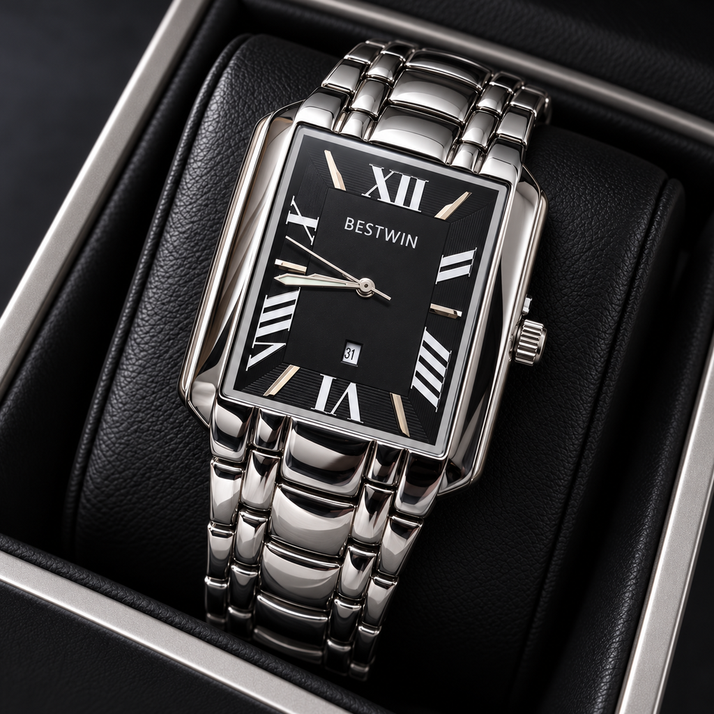 BESTWIN Men's Silver Rectangular Watch – Black Roman Dial Wrist Watch with Date