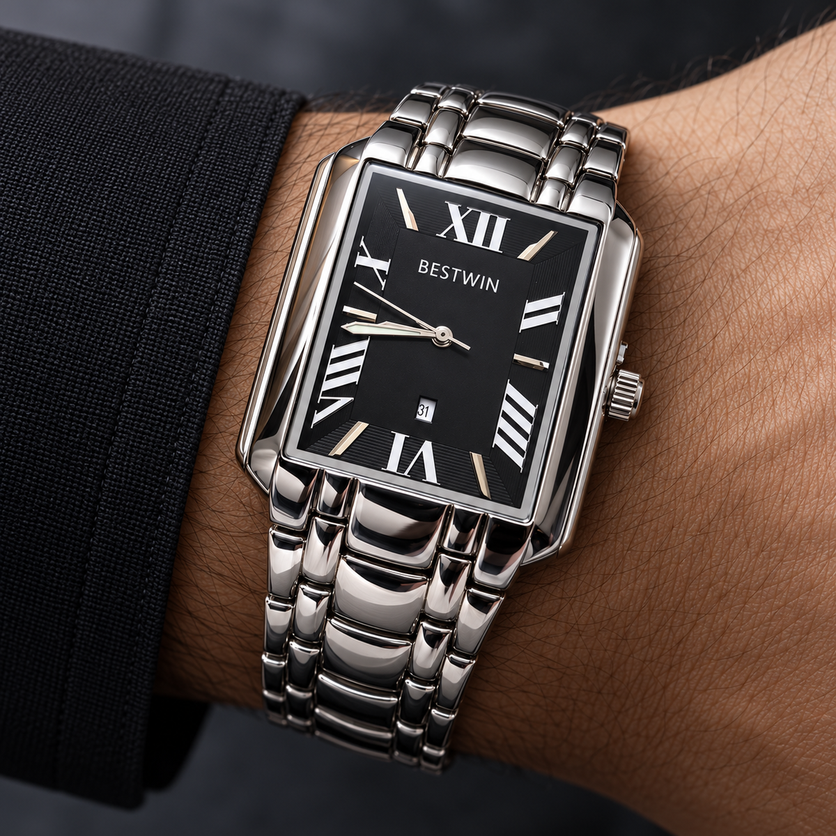 BESTWIN Men's Silver Rectangular Watch – Black Roman Dial Wrist Watch with Date