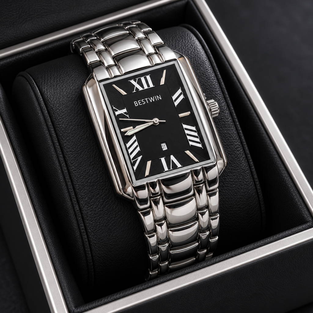BESTWIN Men's Silver Rectangular Watch – Black Roman Dial Wrist Watch with Date
