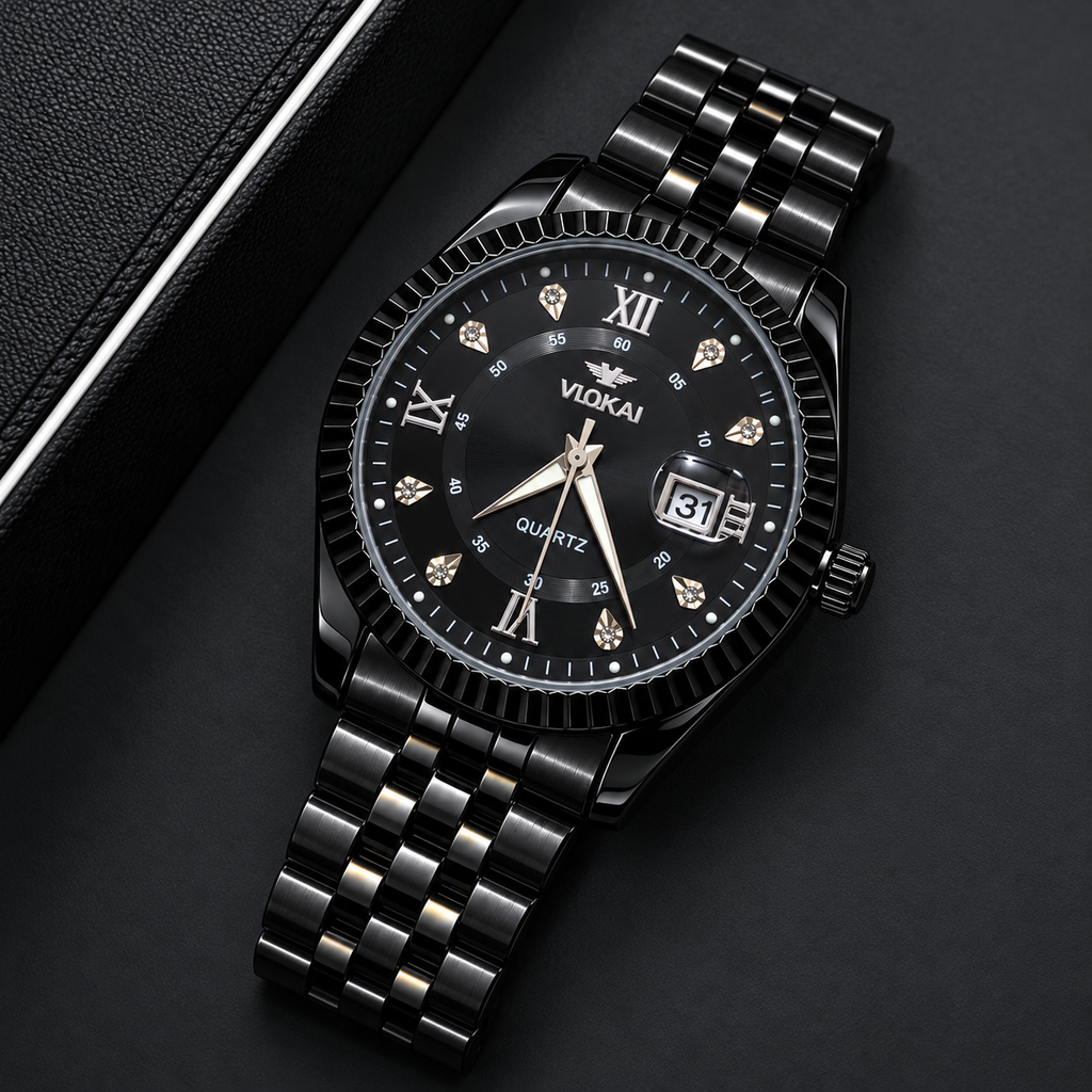 VLOKAI Men's Black Watch – Fluted Bezel Roman Dial Quartz Wrist Watch with Date