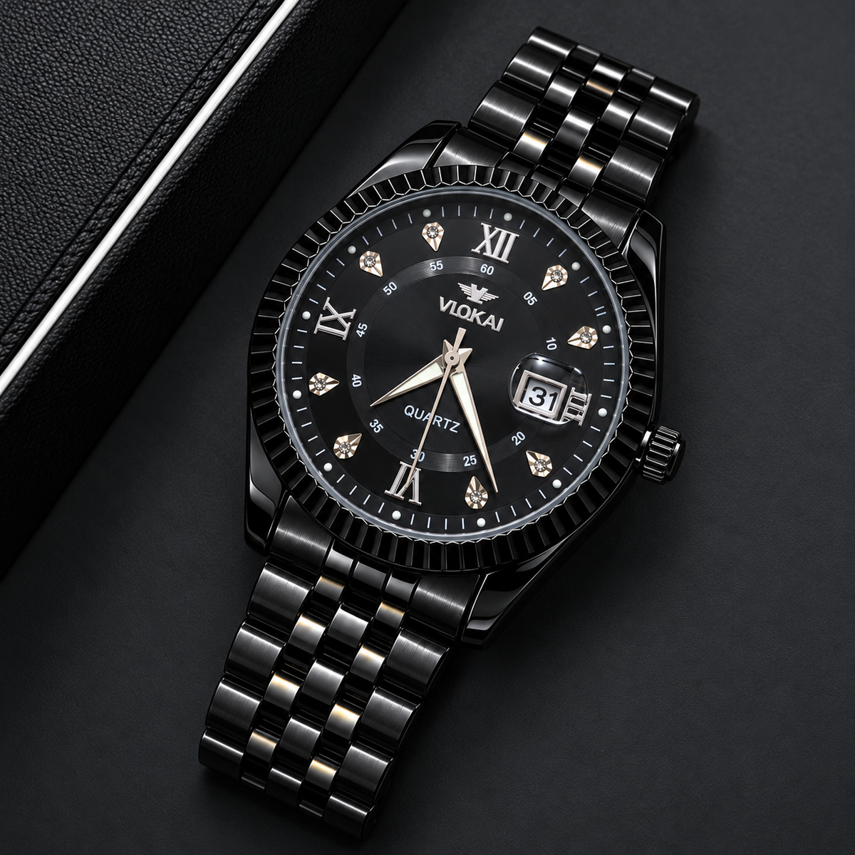 VLOKAI Men's Black Watch – Fluted Bezel Roman Dial Quartz Wrist Watch with Date