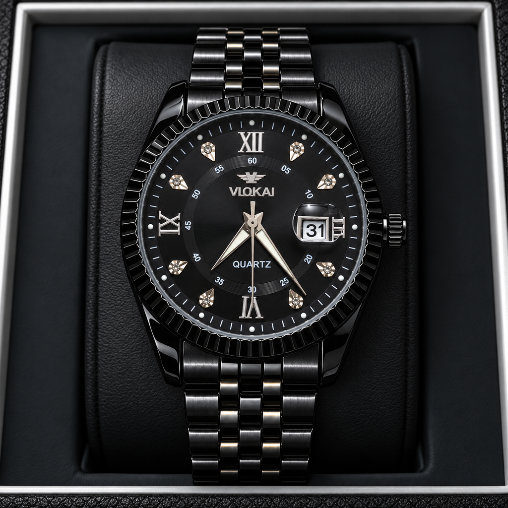 VLOKAI Men's Black Watch – Fluted Bezel Roman Dial Quartz Wrist Watch with Date