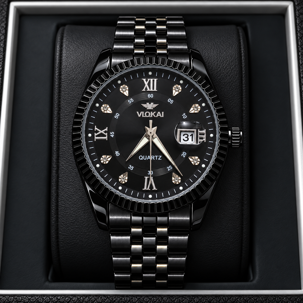 VLOKAI Men's Black Watch – Fluted Bezel Roman Dial Quartz Wrist Watch with Date