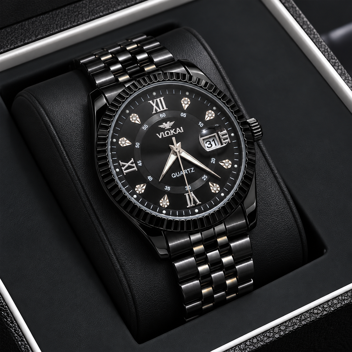 VLOKAI Men's Black Watch – Fluted Bezel Roman Dial Quartz Wrist Watch with Date