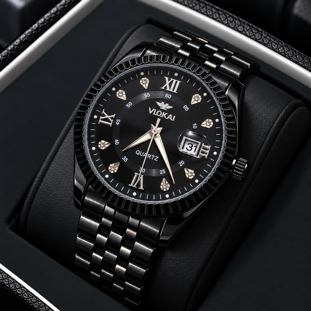 VLOKAI Men's Black Watch – Fluted Bezel Roman Dial Quartz Wrist Watch with Date