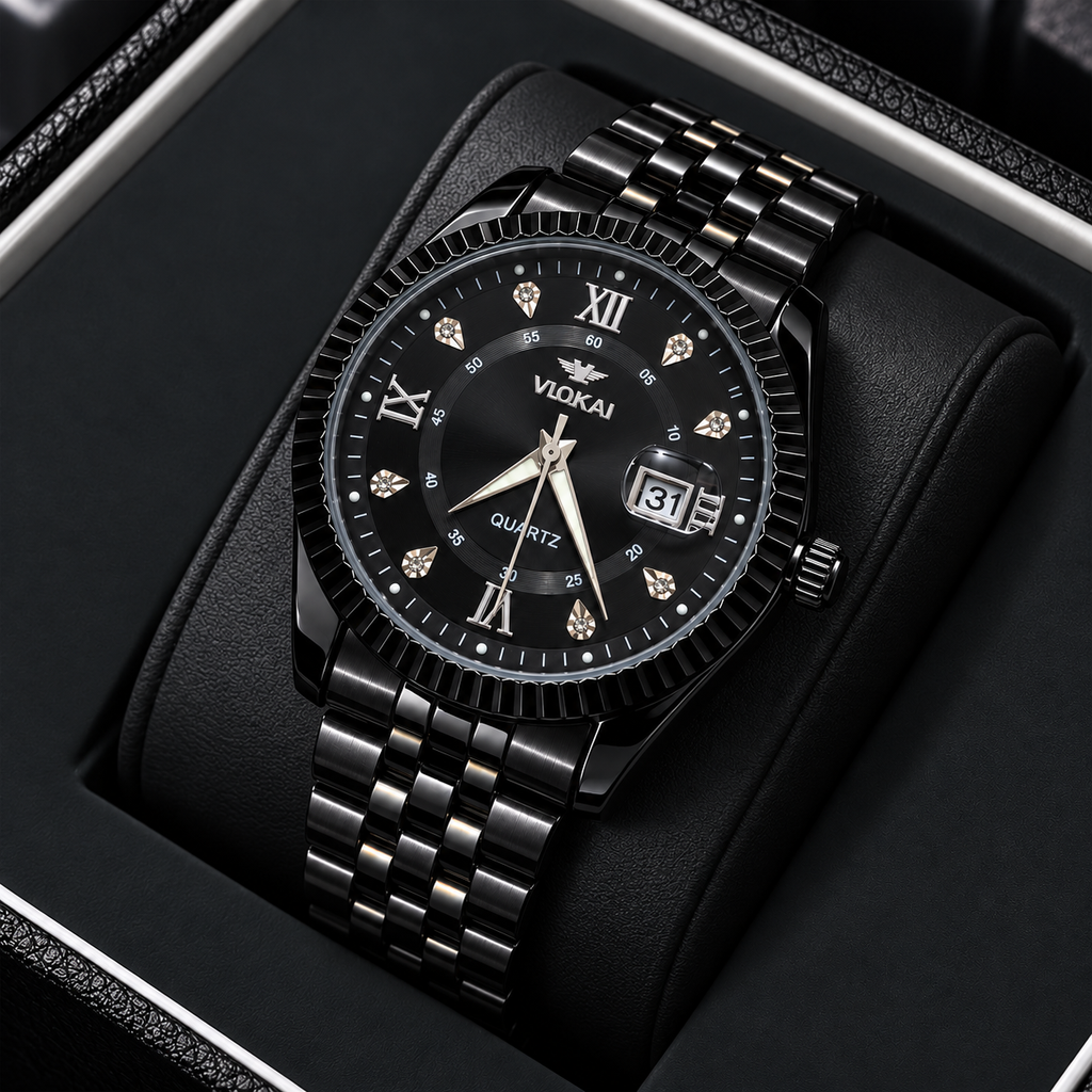 VLOKAI Men's Black Watch – Fluted Bezel Roman Dial Quartz Wrist Watch with Date