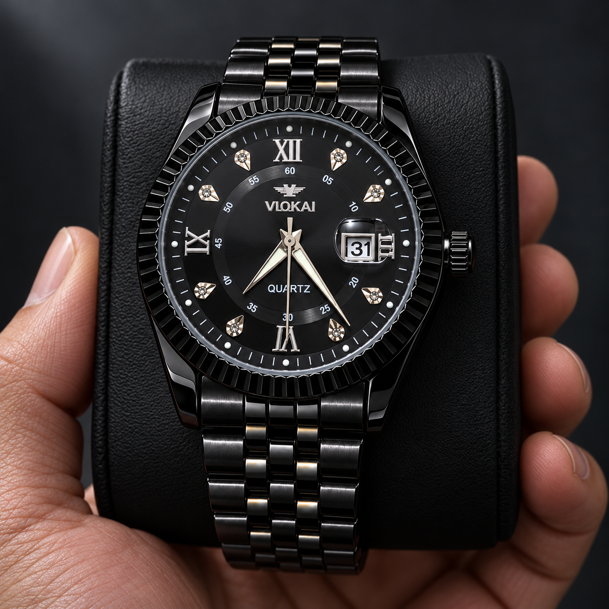 VLOKAI Men's Black Watch – Fluted Bezel Roman Dial Quartz Wrist Watch with Date