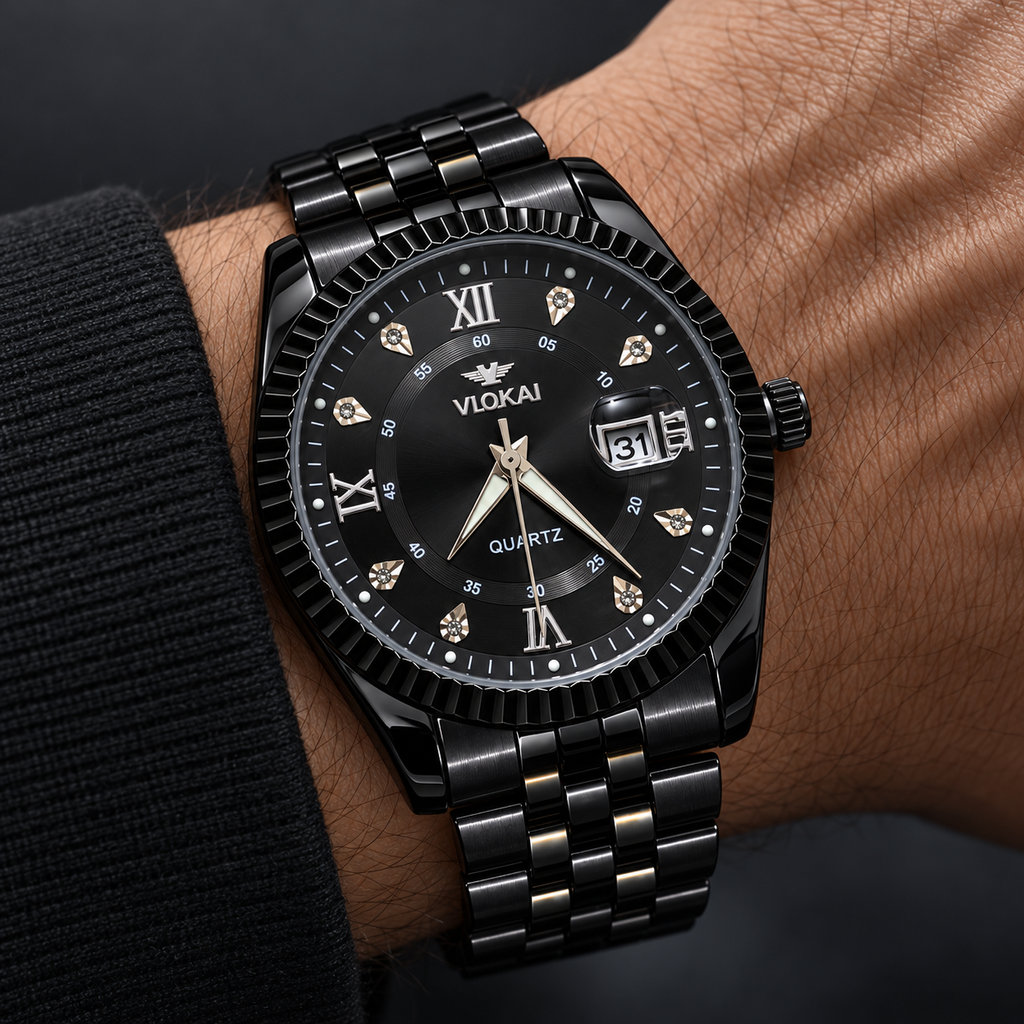 VLOKAI Men's Black Watch – Fluted Bezel Roman Dial Quartz Wrist Watch with Date