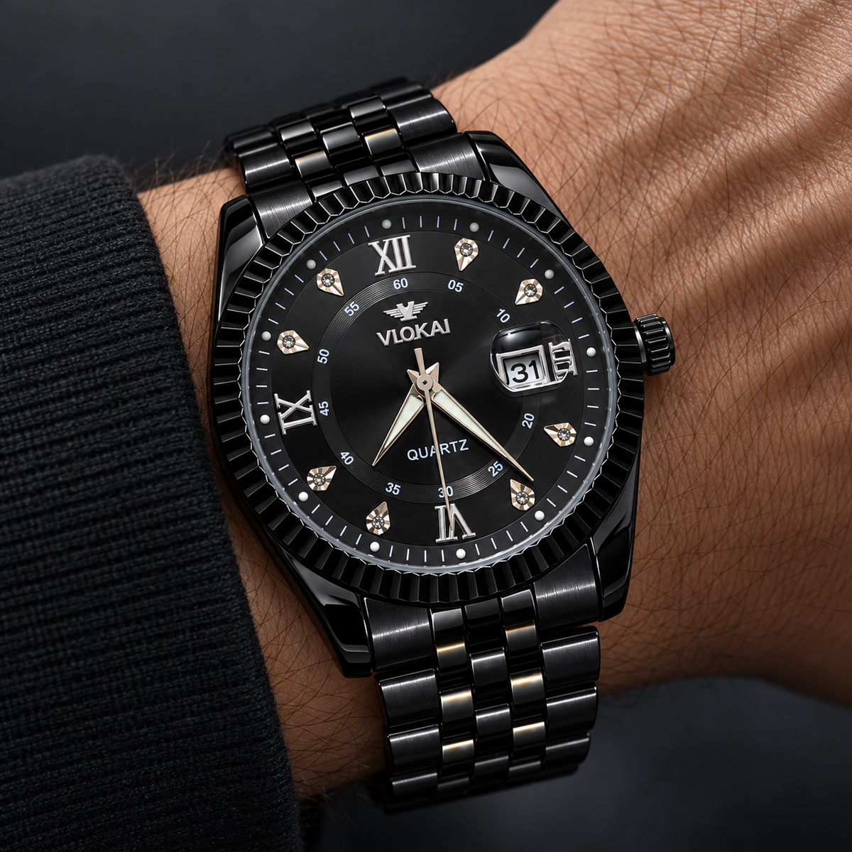 VLOKAI Men's Black Watch – Fluted Bezel Roman Dial Quartz Wrist Watch with Date
