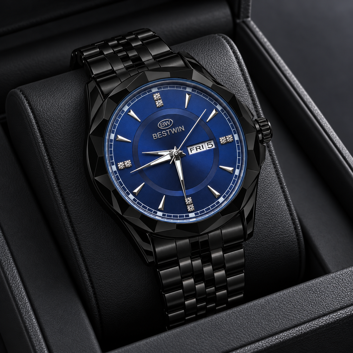 BESTWIN Men's Black Watch with Blue Dial – Day-Date Luxury Wrist Watch