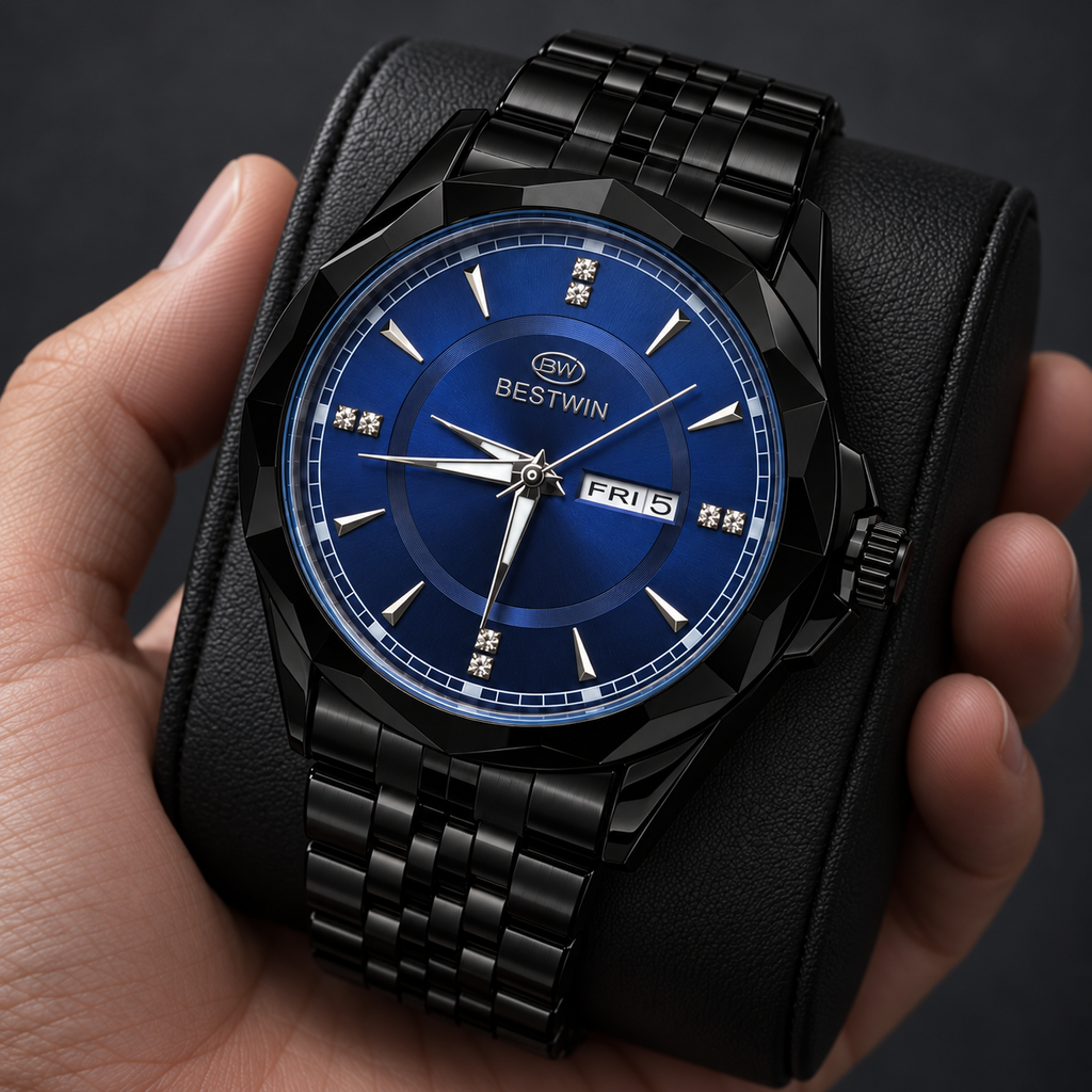 BESTWIN Men's Black Watch with Blue Dial – Day-Date Luxury Wrist Watch