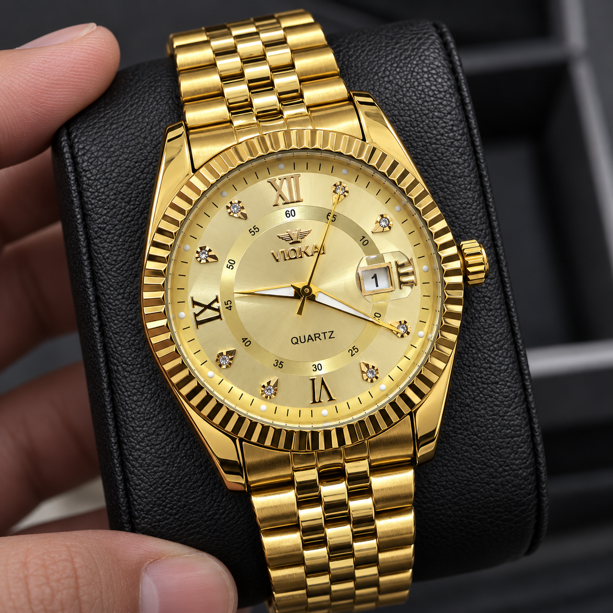 VLOKAI Men's Gold Watch – Fluted Bezel Roman Dial Quartz Wrist Watch with Date