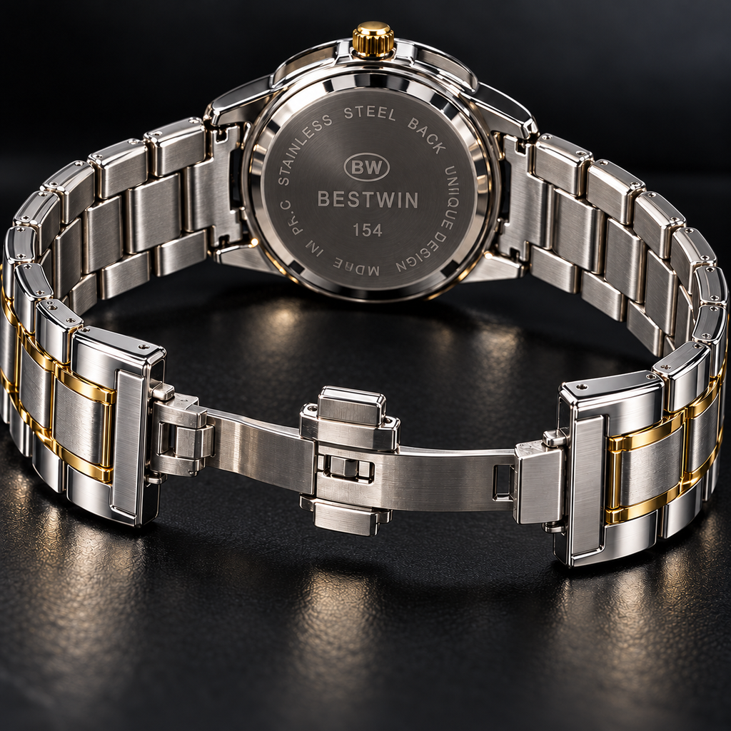 BESTWIN Men's Skeleton Watch – Two-Tone Silver & Gold Stainless Steel Luxury Wrist Watch