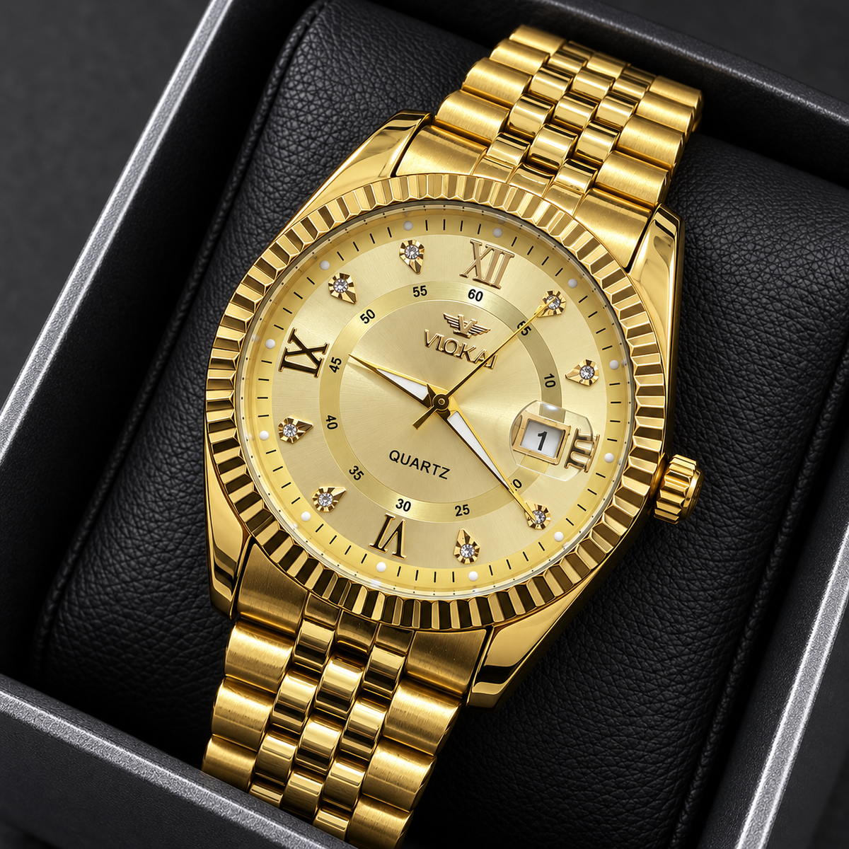 VLOKAI Men's Gold Watch – Fluted Bezel Roman Dial Quartz Wrist Watch with Date