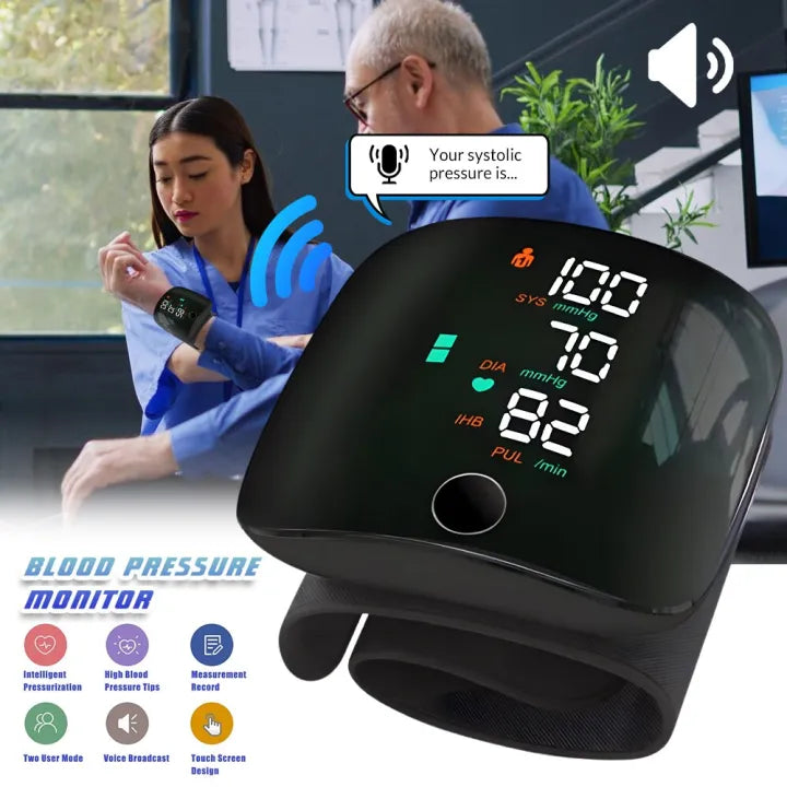 Digital Wrist Blood Pressure Monitor with Voice Assistant Automatic BP Checking Machine