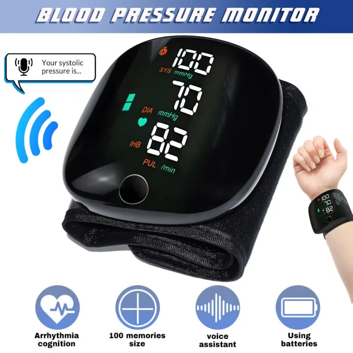 Digital Wrist Blood Pressure Monitor with Voice Assistant Automatic BP Checking Machine