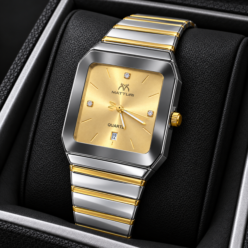 MATTURI Men's Square Gold Dial Watch – Silver & Gold Quartz Wrist Watch with Date