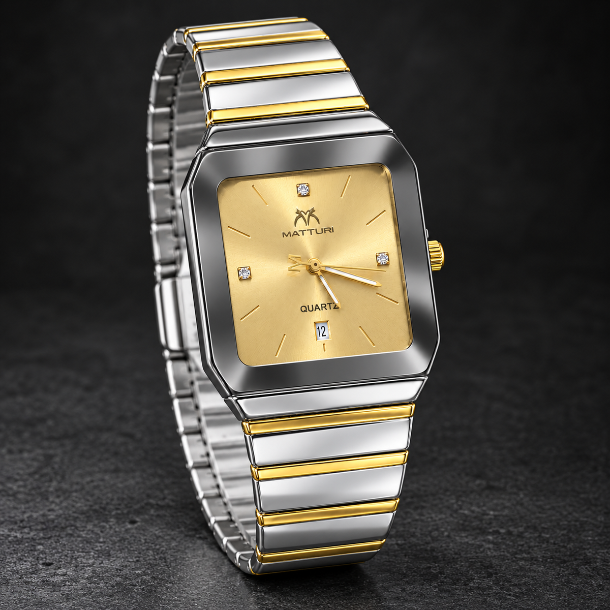 MATTURI Men's Square Gold Dial Watch – Silver & Gold Quartz Wrist Watch with Date