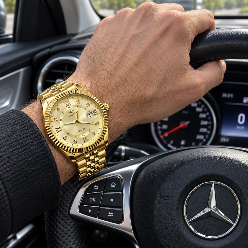 VLOKAI Men's Gold Watch – Fluted Bezel Roman Dial Quartz Wrist Watch with Date