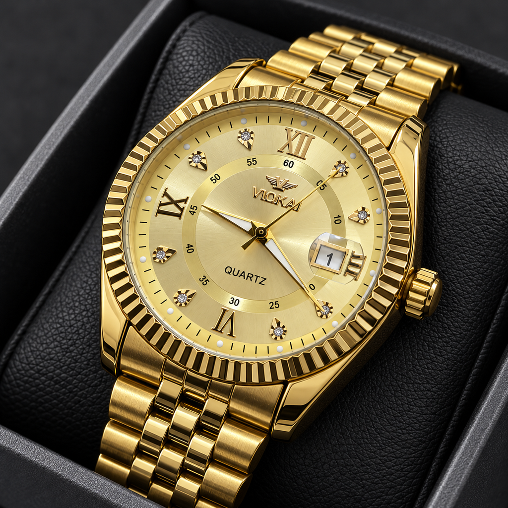 VLOKAI Men's Gold Watch – Fluted Bezel Roman Dial Quartz Wrist Watch with Date