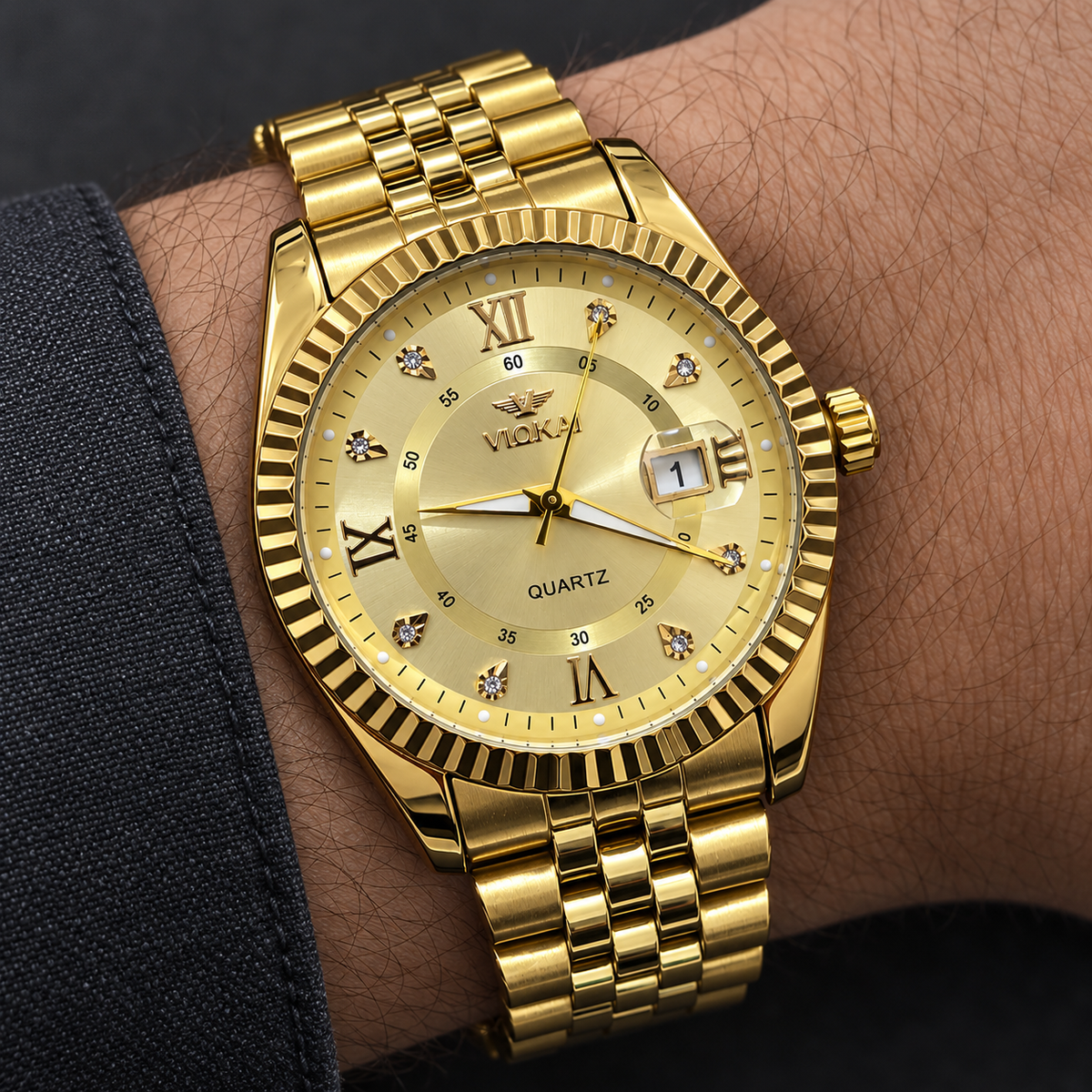 VLOKAI Men's Gold Watch – Fluted Bezel Roman Dial Quartz Wrist Watch with Date