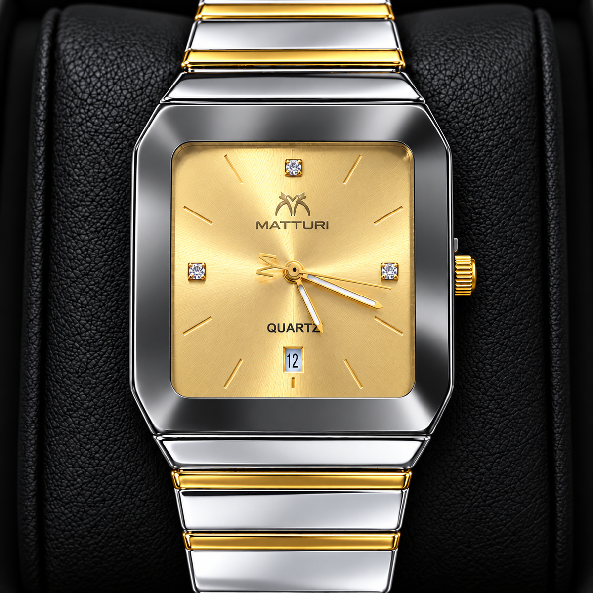 MATTURI Men's Square Gold Dial Watch – Silver & Gold Quartz Wrist Watch with Date