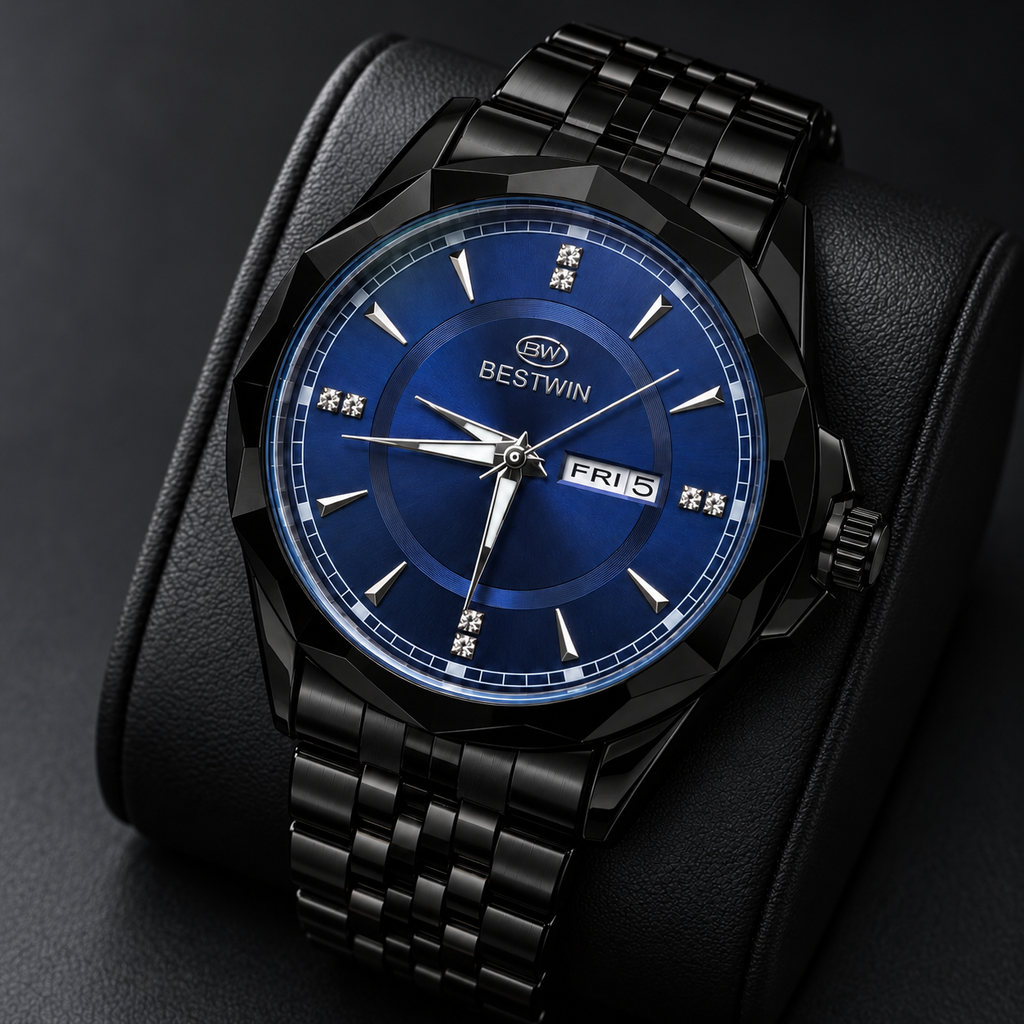 BESTWIN Men's Black Watch with Blue Dial – Day-Date Luxury Wrist Watch