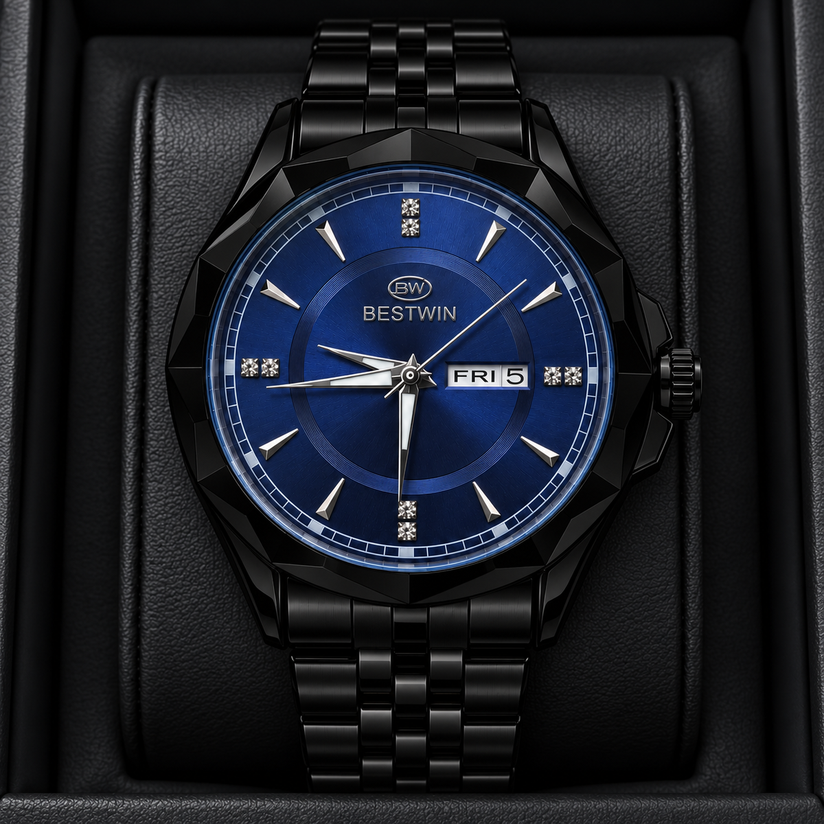 BESTWIN Men's Black Watch with Blue Dial – Day-Date Luxury Wrist Watch