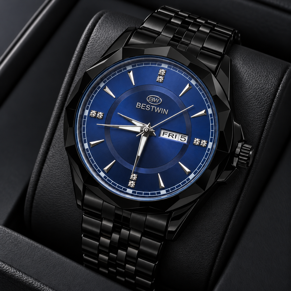BESTWIN Men's Black Watch with Blue Dial – Day-Date Luxury Wrist Watch