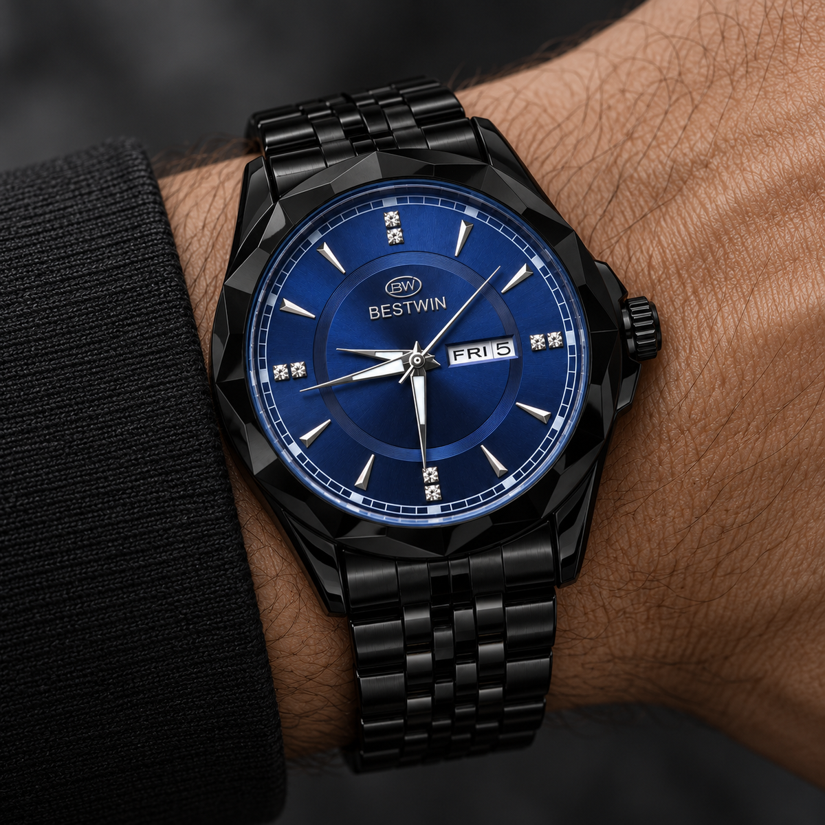 BESTWIN Men's Black Watch with Blue Dial – Day-Date Luxury Wrist Watch