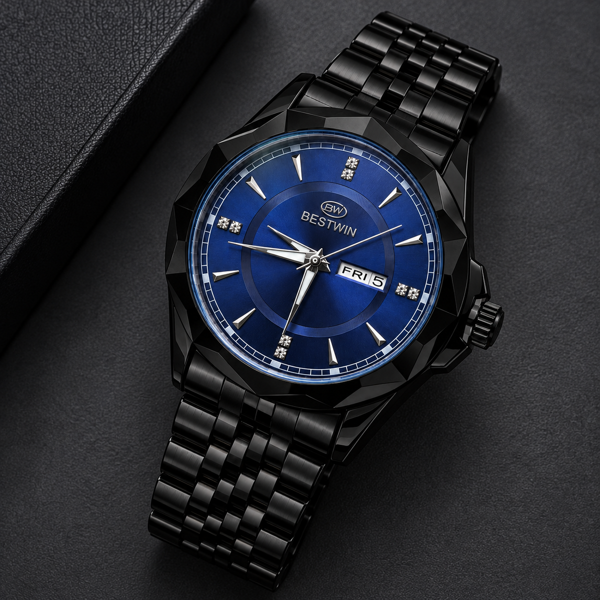 BESTWIN Men's Black Watch with Blue Dial – Day-Date Luxury Wrist Watch
